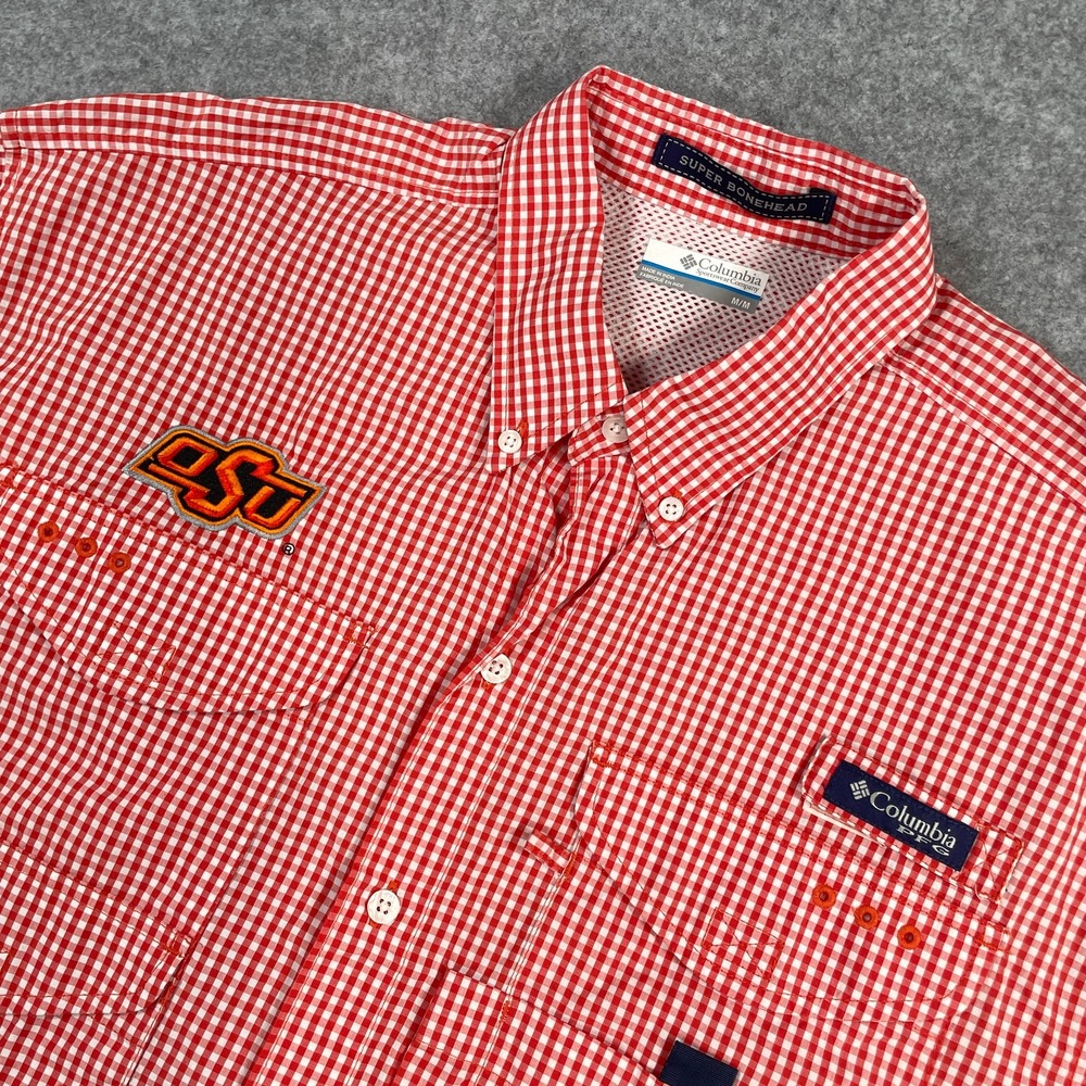 Columbia Mens Fishing Shirt M Red Gingham OSU Super Bonehead PFG Short Sleeve